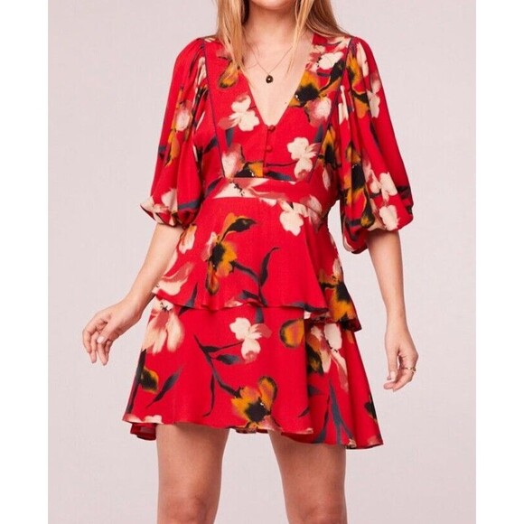 Band of the Free Red Floral Mid Length Puff Sleeves Ruffled Mini Dress Small NEW - Picture 1 of 5